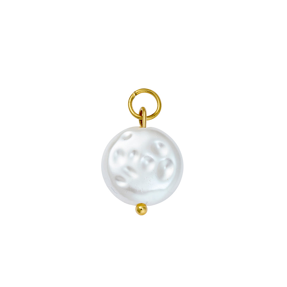 Pearl pendant with gold ring and gold ball on a white background