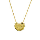 Gold necklace with a decorative pendant on a white background